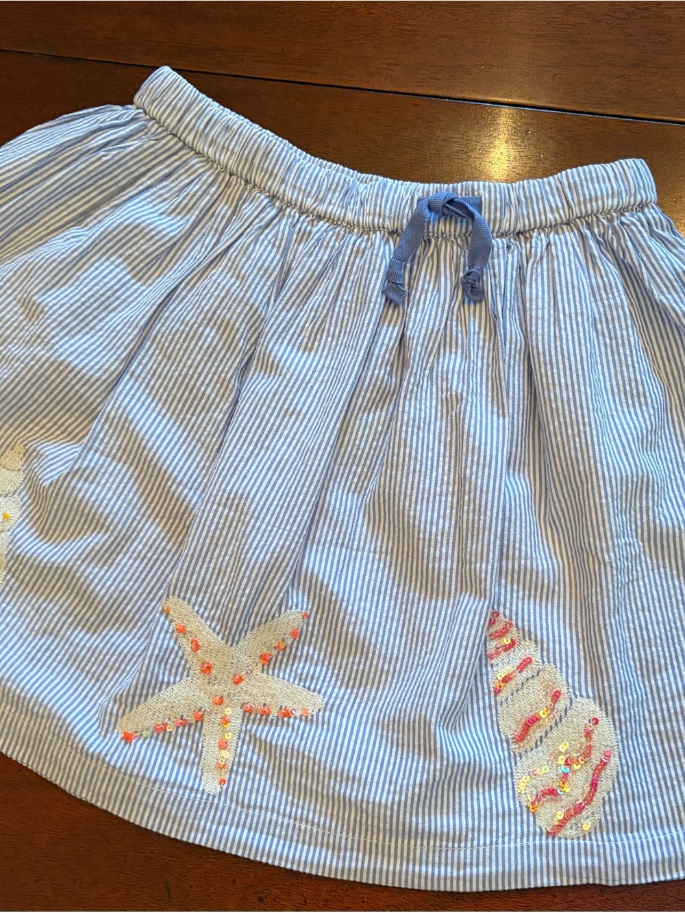 Mini Boden Light Blue & White Striped Seaside Skirt w/ Sparkly Shells